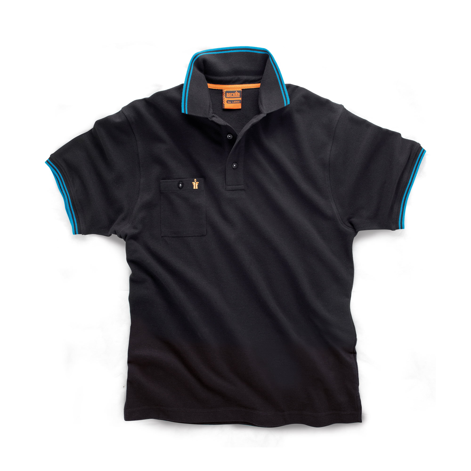 Scruffs black polo with blue rim on collar and sleeves