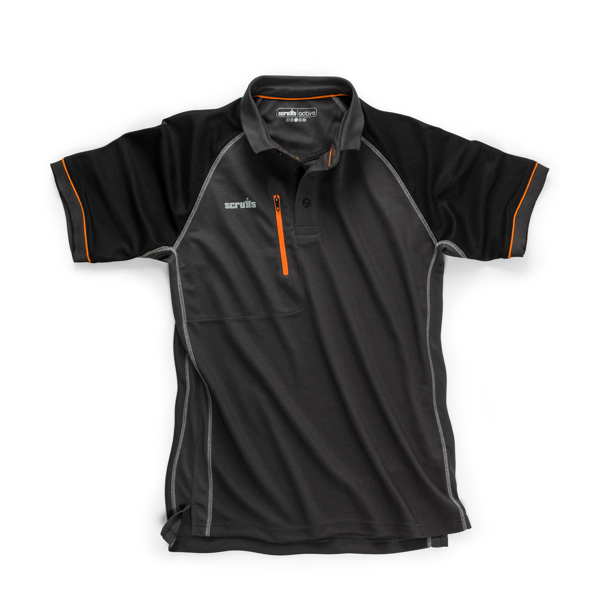 Scruffs grey polo with black sleeves and orange detail on sleeves and collar