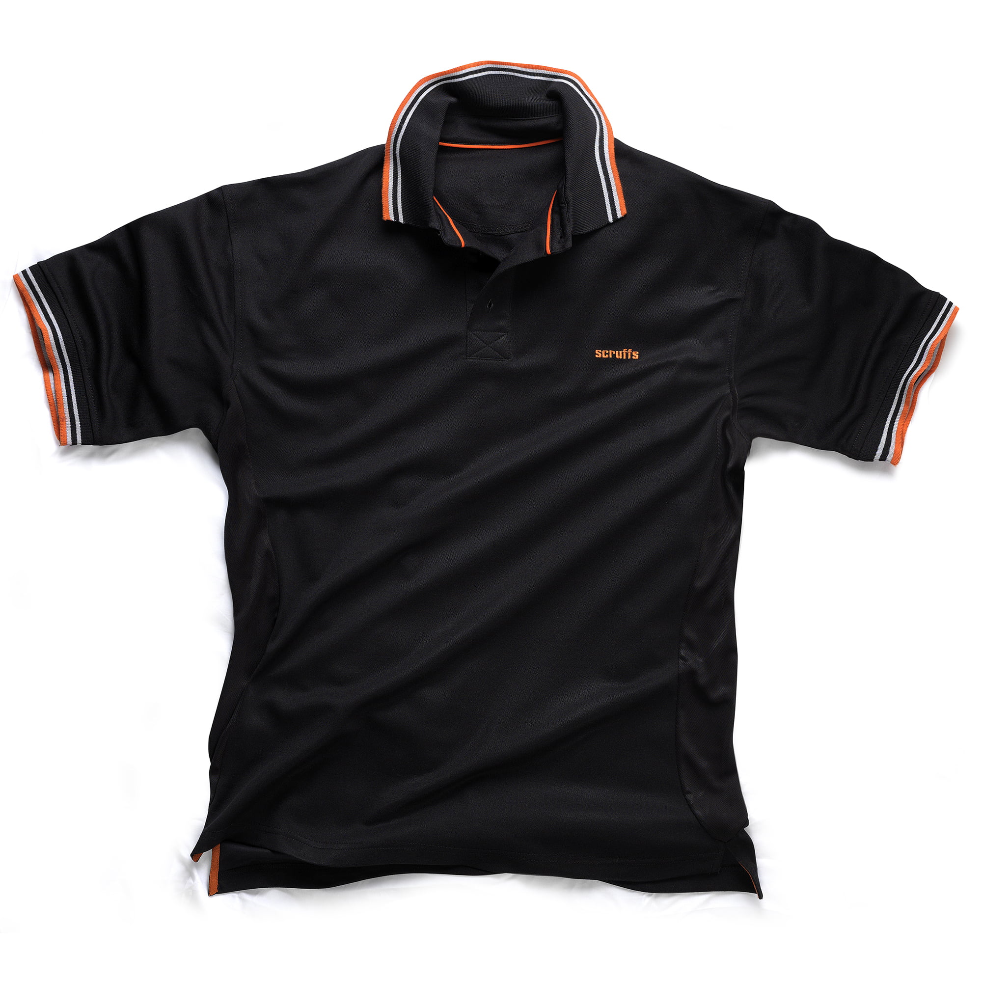Scruffs black polo with orange and white sleeve and collar detail