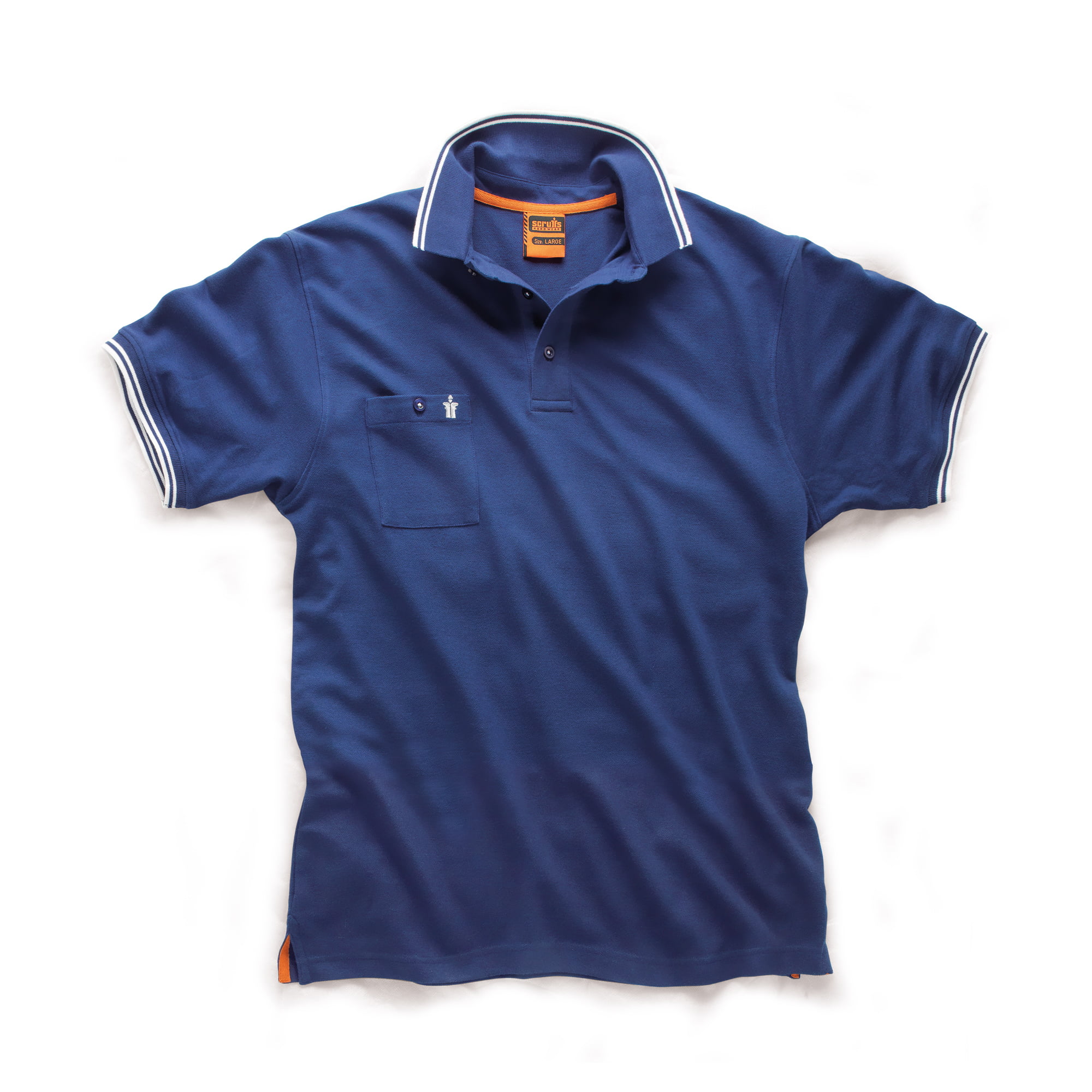 Scruffs dark blue polo with white detailing on the sleeves and collar