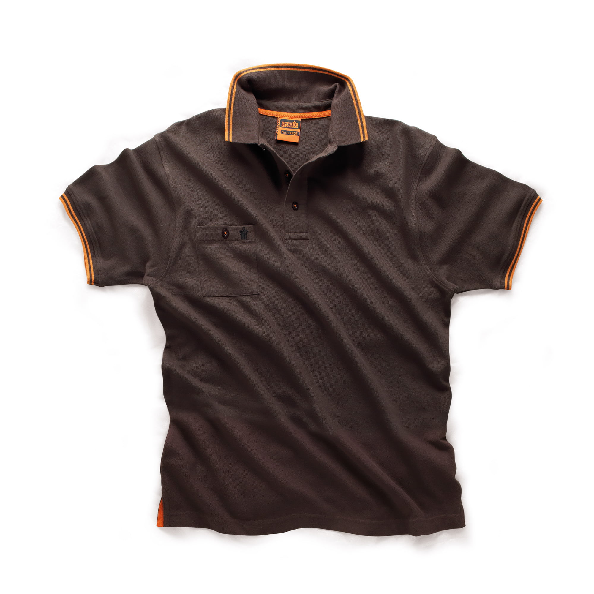 Scruffs brown polo with orange collar and sleeve detail