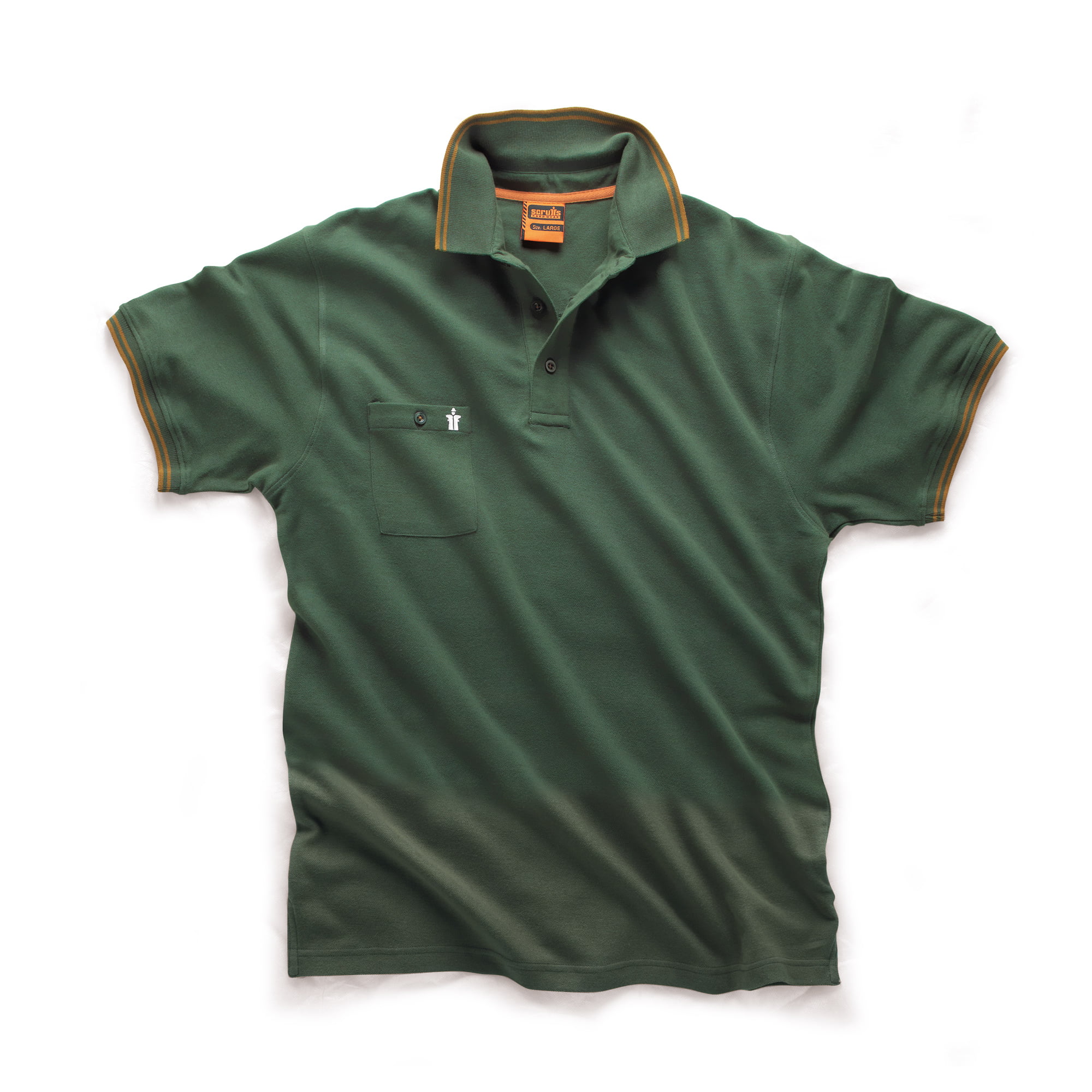 Scruffs dark green polo with orange sleeve and collar detail